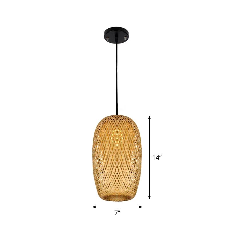 Azië 1/3-lamp hanglamp beige gemengde vorm/ellips/druppel hangende hanger met bamboe kap, 10"/12"/14" breedte Clearhalo