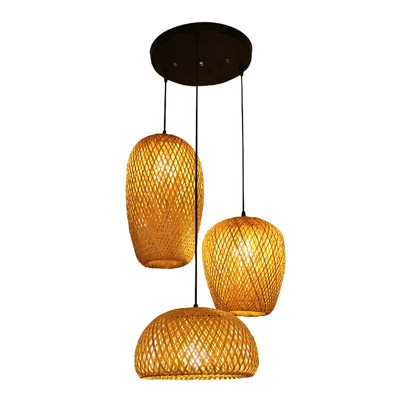 Azië 1/3-lamp hanglamp beige gemengde vorm/ellips/druppel hangende hanger met bamboe kap, 10"/12"/14" breedte Clearhalo