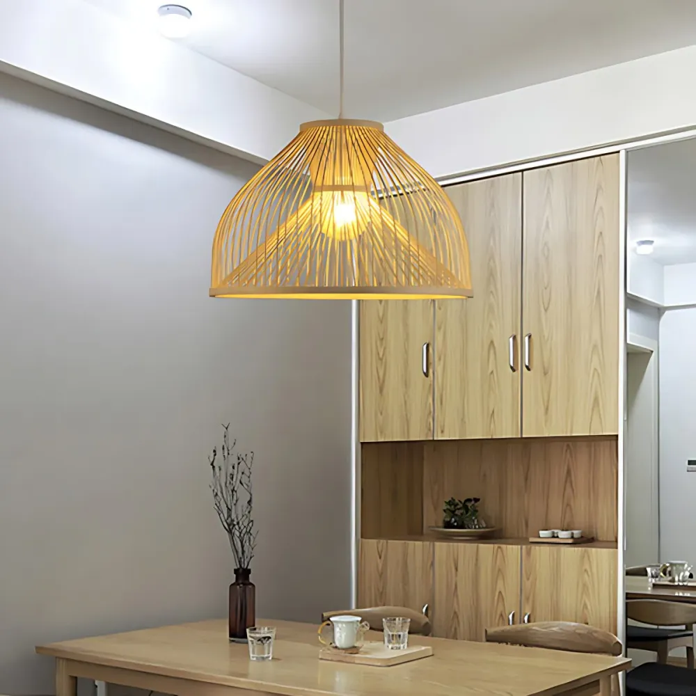 Aziatisch stijlvol 1-lichts plafondarmatuur met bamboe kap beige peervormige hanglamp voor eetkamer Clearhalo