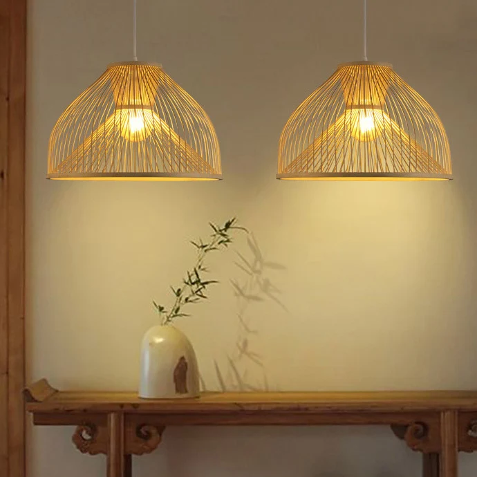 Aziatisch stijlvol 1-lichts plafondarmatuur met bamboe kap beige peervormige hanglamp voor eetkamer Clearhalo