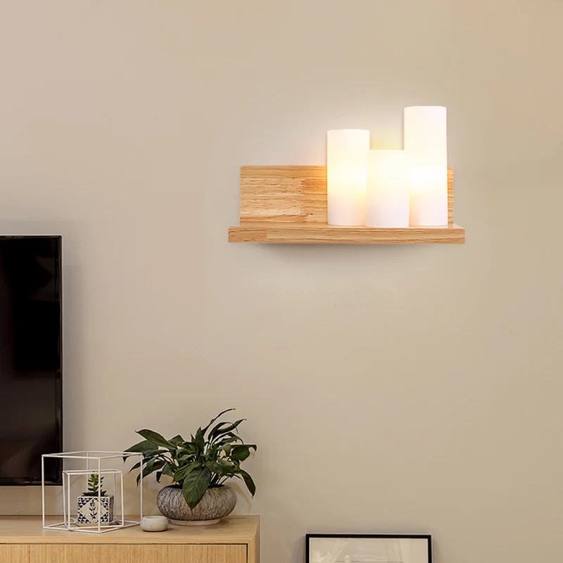 Aziatische 3-kops schans houten buis wandverlichtingsarmatuur met opaal glazen kap voor eetkamer Clearhalo