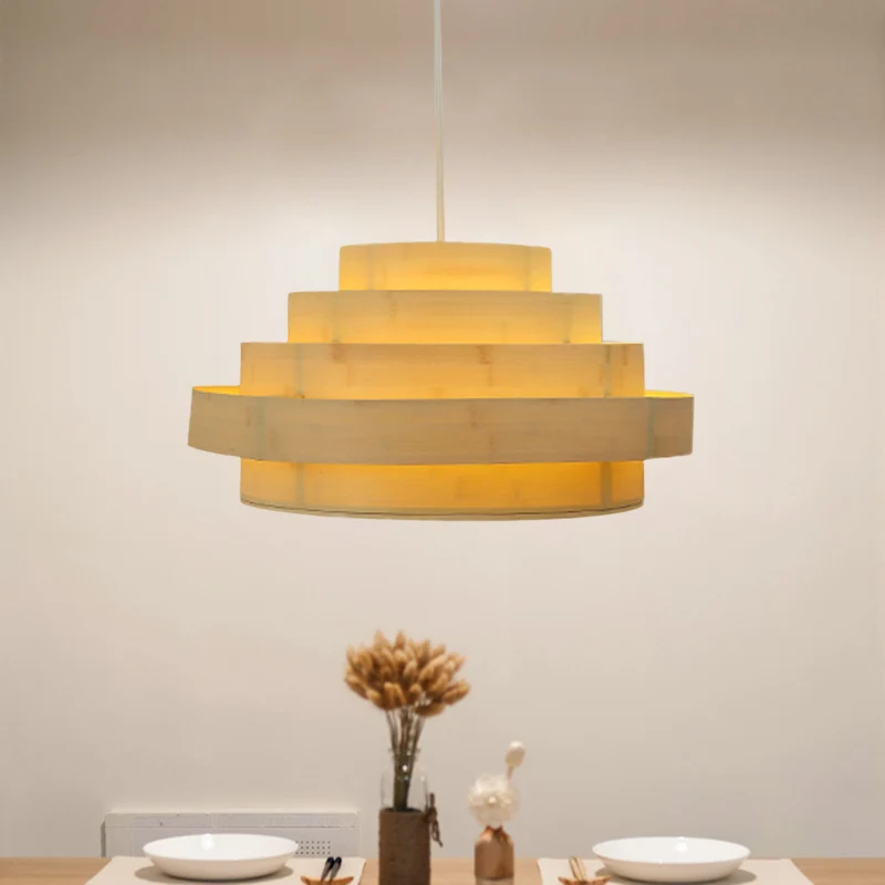 Aziatische 5-laags hanglampset met 1 kop, bamboe paneel, plafondophanging beige Clearhalo