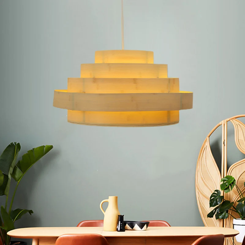 Aziatische 5-laags hanglampset met 1 kop, bamboe paneel, plafondophanging beige Clearhalo