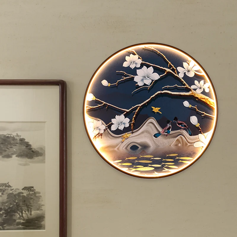 Aziatische bloem/vogel stof muurschildering verlichting LED wandlamp zwart voor woonkamer Clearhalo