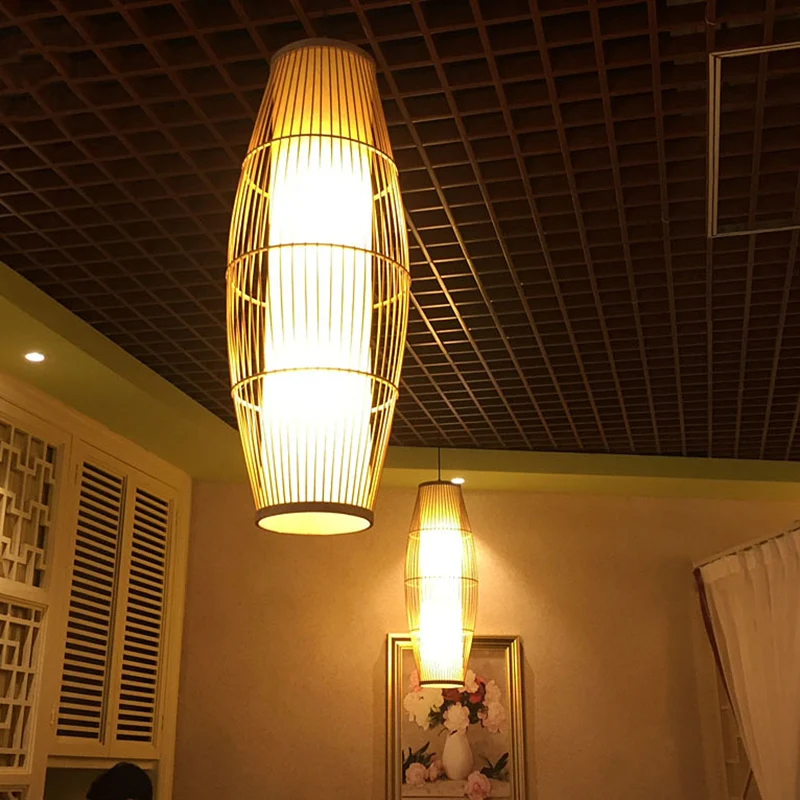 Aziatische ellipsvormige hanglamp voor restaurant Handgemaakte bamboe hanglamp beige Clearhalo