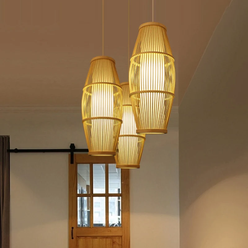 Aziatische ellipsvormige hanglamp voor restaurant Handgemaakte bamboe hanglamp beige Clearhalo