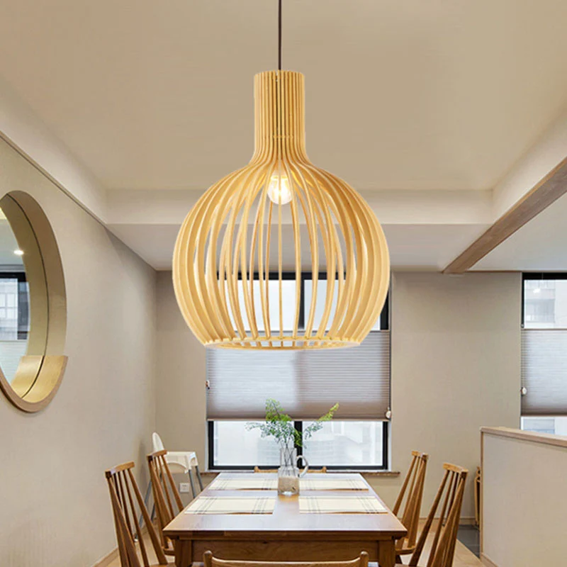 Aziatische flesvormige hanglamp van bamboe, eettafel met 1 lamp, hangend verlichtingsarmatuur van hout Clearhalo