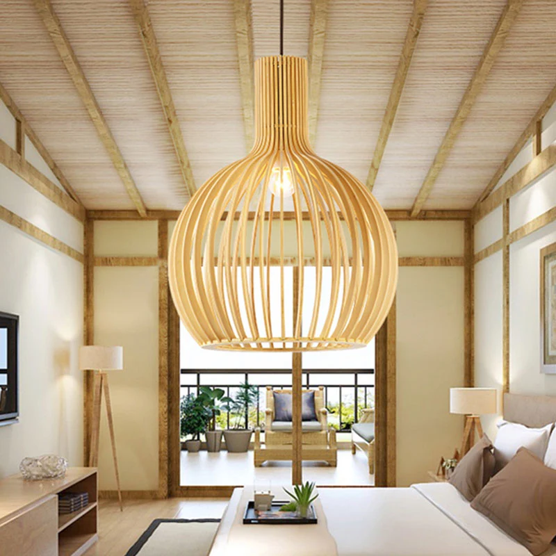 Aziatische flesvormige hanglamp van bamboe, eettafel met 1 lamp, hangend verlichtingsarmatuur van hout Clearhalo