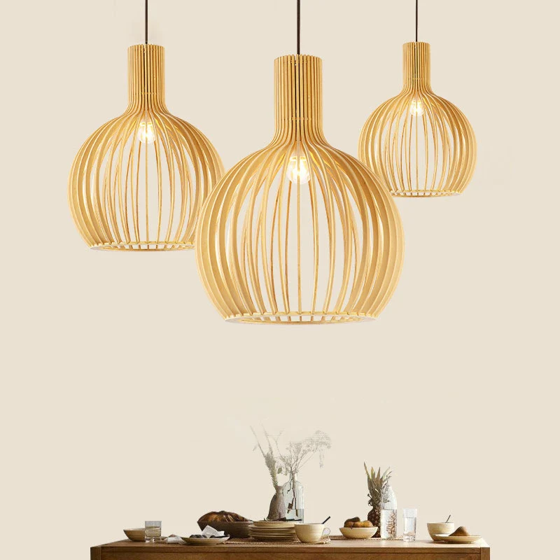 Aziatische flesvormige hanglamp van bamboe, eettafel met 1 lamp, hangend verlichtingsarmatuur van hout Clearhalo