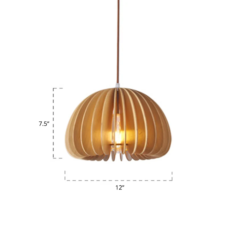 Aziatische halfbolvormige hanglamp houten lat 1-lamps restaurantplafondlamp beige Clearhalo