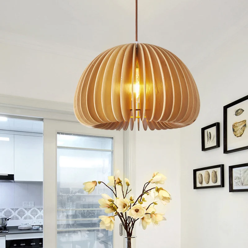 Aziatische halfbolvormige hanglamp houten lat 1-lamps restaurantplafondlamp beige Clearhalo