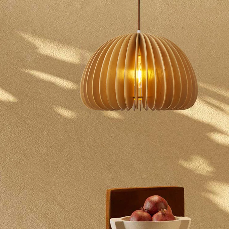 Aziatische halfbolvormige hanglamp houten lat 1-lamps restaurantplafondlamp beige Clearhalo