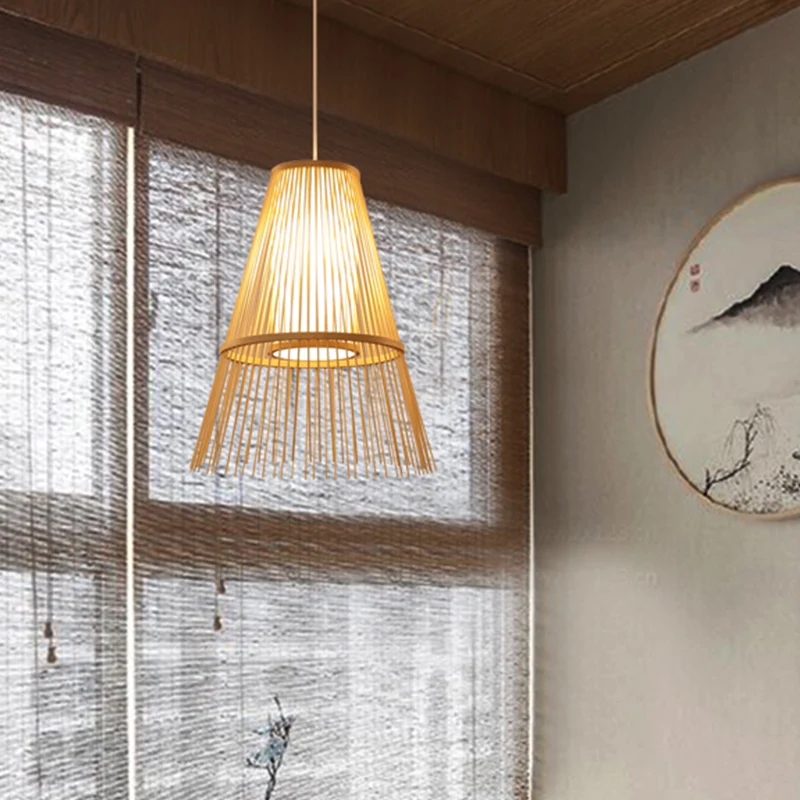 Aziatische hanglamp met 1 lamp, beige taps toelopende hanglamp met bamboe kap Clearhalo