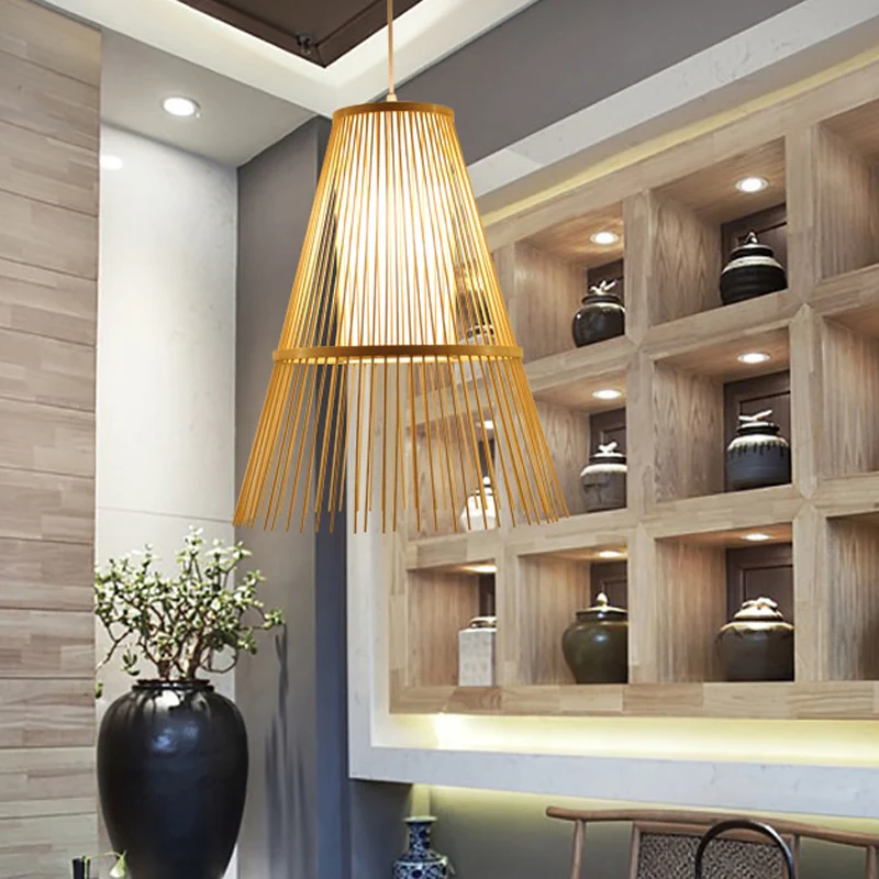 Aziatische hanglamp met 1 lamp, beige taps toelopende hanglamp met bamboe kap Clearhalo