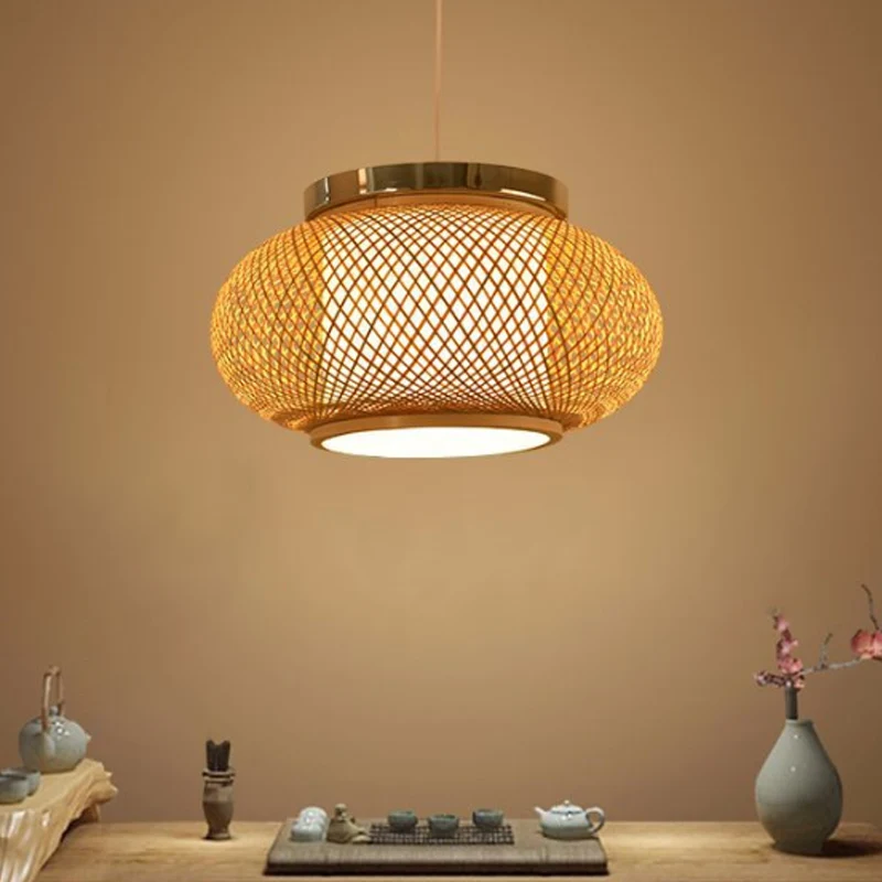 Aziatische stijl 1-lichts hanglamp met bamboe kap beige afgeronde trommel hanglamp, 16"/19,5" W Clearhalo