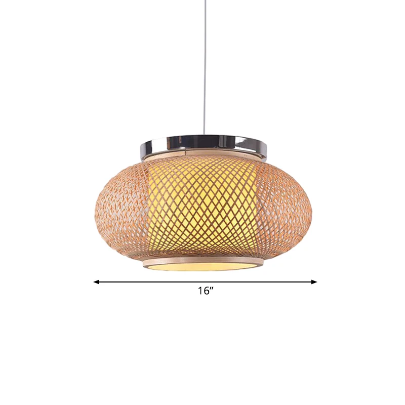 Aziatische stijl 1-lichts hanglamp met bamboe kap beige afgeronde trommel hanglamp, 16"/19,5" W Clearhalo
