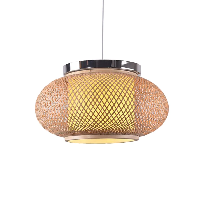 Aziatische stijl 1-lichts hanglamp met bamboe kap beige afgeronde trommel hanglamp, 16"/19,5" W Clearhalo