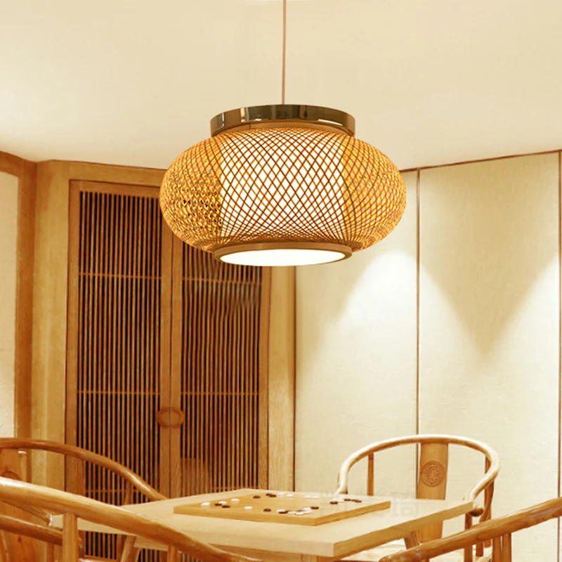 Aziatische stijl 1-lichts hanglamp met bamboe kap beige afgeronde trommel hanglamp, 16"/19,5" W Clearhalo