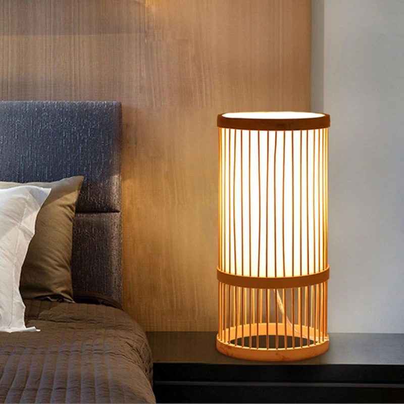Aziatische stijl geweven schaduw nachtkastje licht bamboe 1-lamp nachtkastje lamp hout Clearhalo