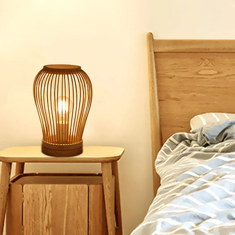Aziatische stijl geweven schaduw nachtkastje licht bamboe 1-lamp nachtkastje lamp hout Clearhalo