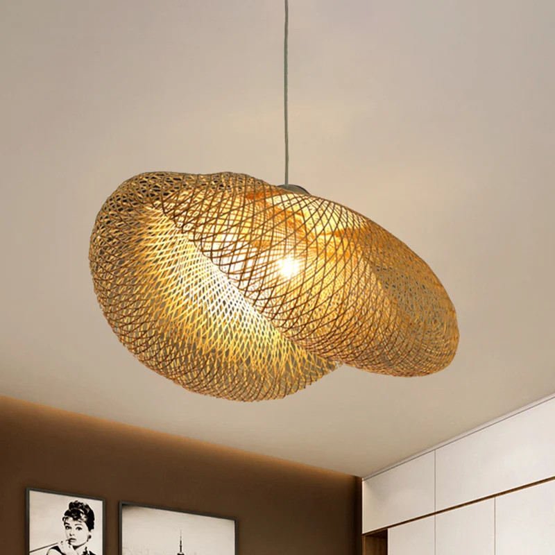 Aziatische stijl hoedvormige hangende hanglamp van rotan, 1-lichts plafondlamp boven eettafel Clearhalo