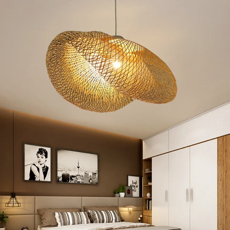 Aziatische stijl hoedvormige hangende hanglamp van rotan, 1-lichts plafondlamp boven eettafel Clearhalo