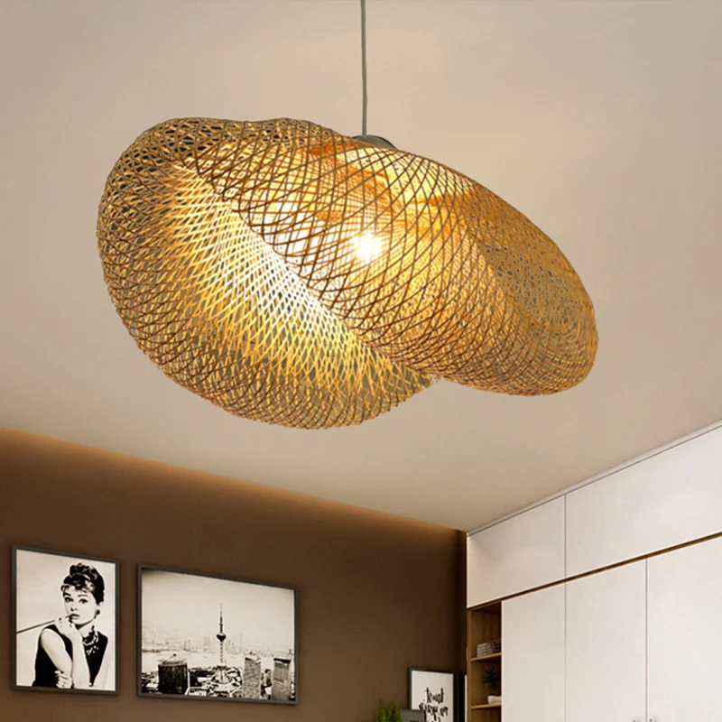 Aziatische stijl hoedvormige hangende hanglamp van rotan, 1-lichts plafondlamp boven eettafel Clearhalo