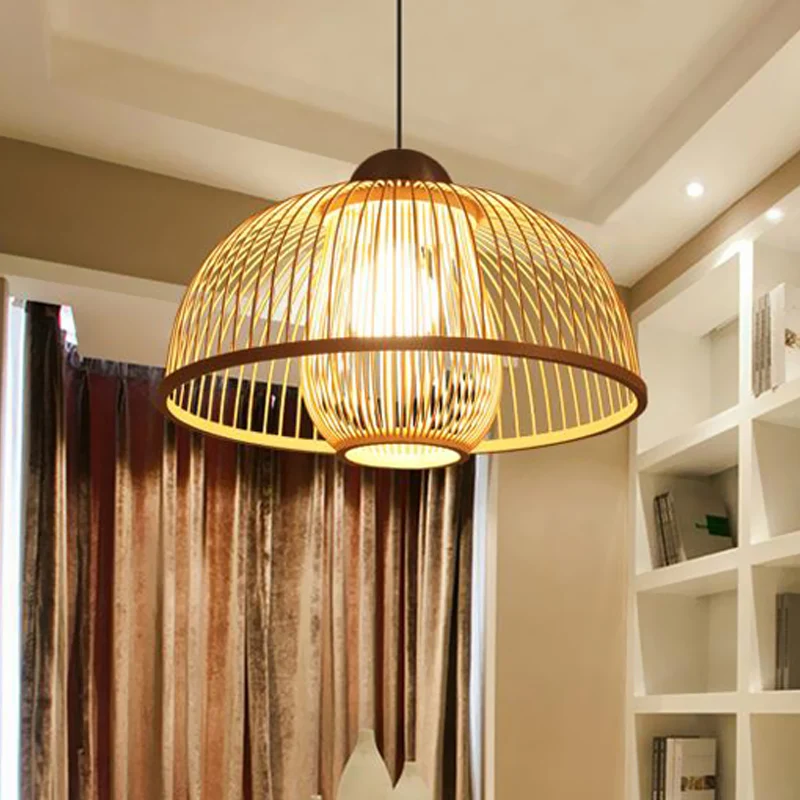 Aziatische stijl koepelvormige hanglamp van bamboe met enkele lamp boven eettafel, diameter 16"/18". Clearhalo