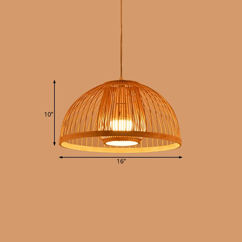 Aziatische stijl koepelvormige hanglamp van bamboe met enkele lamp boven eettafel, diameter 16"/18". Clearhalo