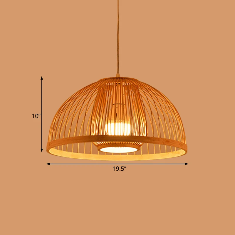 Aziatische stijl koepelvormige hanglamp van bamboe met enkele lamp boven eettafel, diameter 16"/18". Clearhalo
