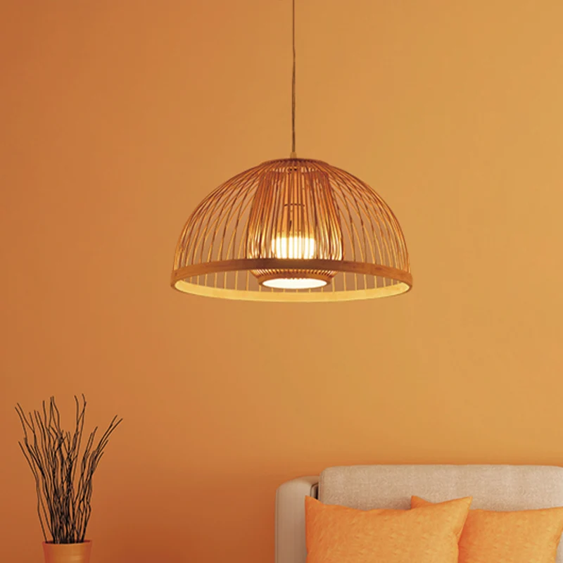 Aziatische stijl koepelvormige hanglamp van bamboe met enkele lamp boven eettafel, diameter 16"/18". Clearhalo