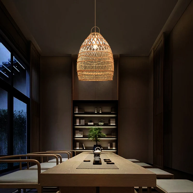 Aziatische stijl langwerpige ophangverlichting rotan 1��Head restaurant hangplafondlamp hout Clearhalo