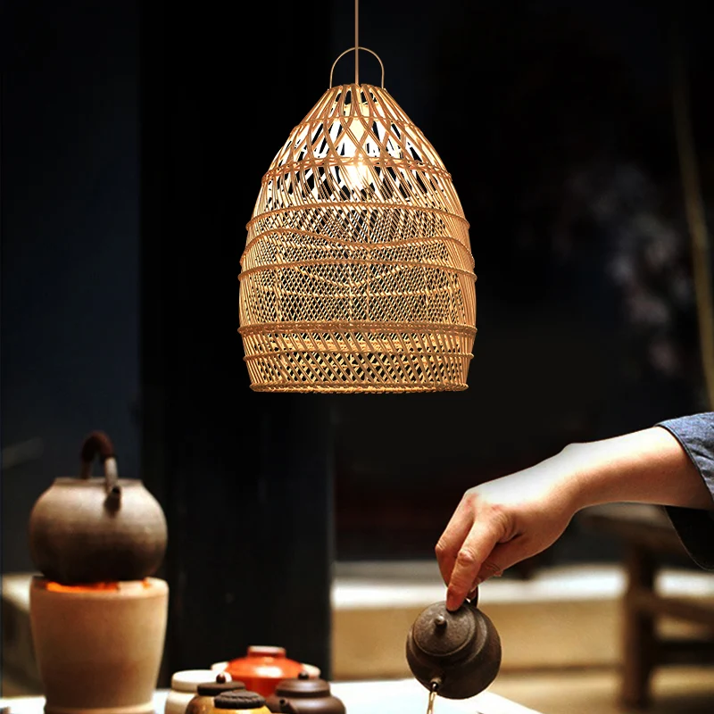 Aziatische stijl langwerpige ophangverlichting rotan 1��Head restaurant hangplafondlamp hout Clearhalo