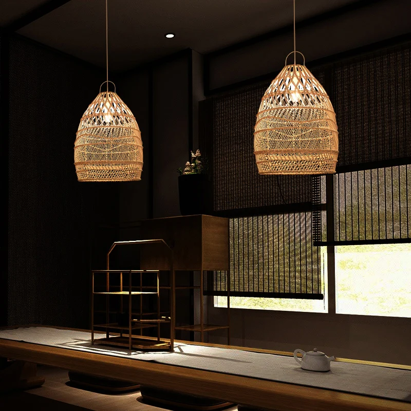 Aziatische stijl langwerpige ophangverlichting rotan 1��Head restaurant hangplafondlamp hout Clearhalo