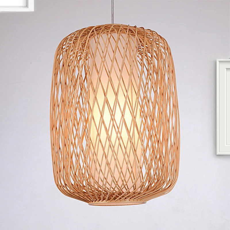 Aziatische stijlvolle handgebreide hanglamp met cilinderkap Bamboe 1-lichts woonkamer hanglamp beige Clearhalo