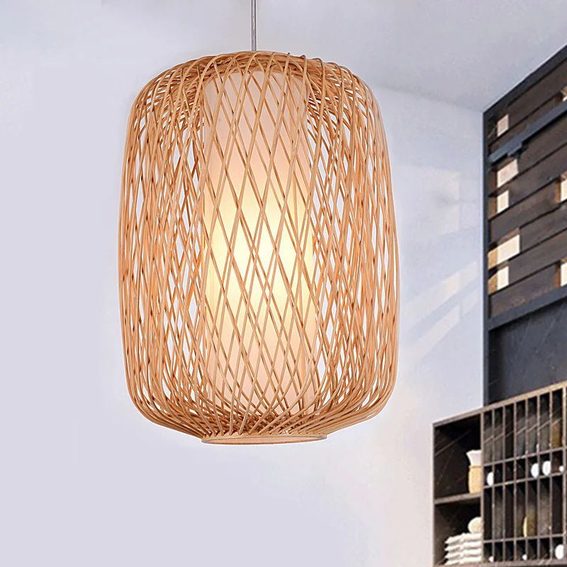 Aziatische stijlvolle handgebreide hanglamp met cilinderkap Bamboe 1-lichts woonkamer hanglamp beige Clearhalo