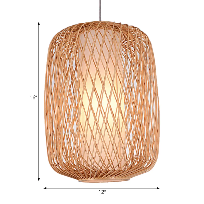 Aziatische stijlvolle handgebreide hanglamp met cilinderkap Bamboe 1-lichts woonkamer hanglamp beige Clearhalo