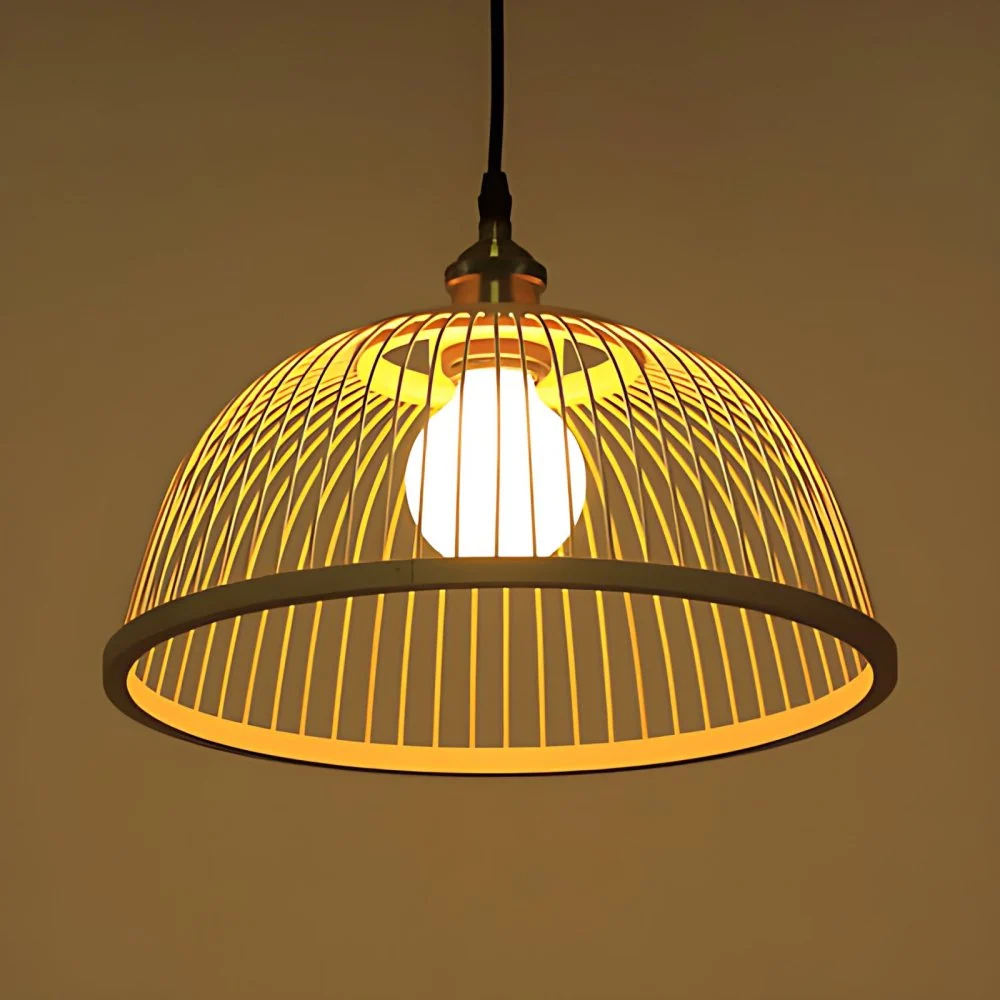 Aziatische stijlvolle koepel/schotel hanglamp bamboe 1 kop plafondlamp beige voor eetkamer Clearhalo