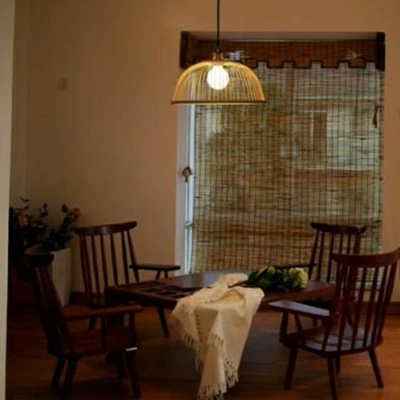 Aziatische stijlvolle koepel/schotel hanglamp bamboe 1 kop plafondlamp beige voor eetkamer Clearhalo