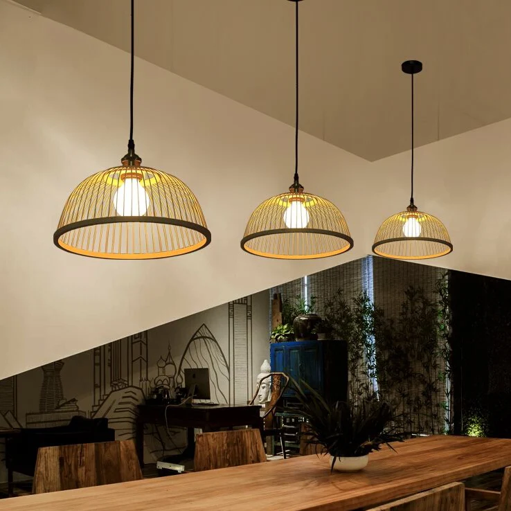 Aziatische stijlvolle koepel/schotel hanglamp bamboe 1 kop plafondlamp beige voor eetkamer Clearhalo
