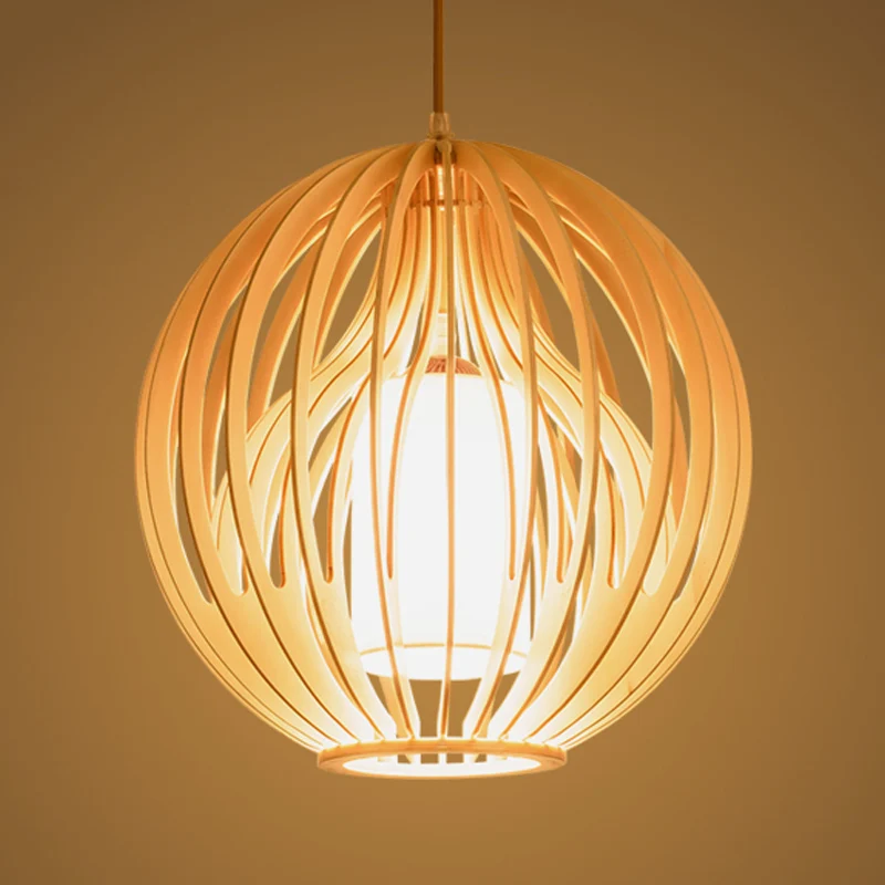 Azië-stijl 2-laags kooihanger houten eetkamerplafondlamp met 1 kop beige met stoffen kap aan de binnenkant Clearhalo