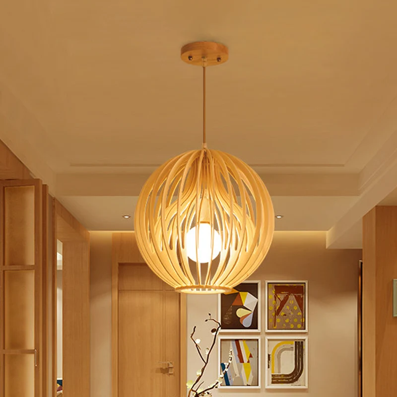 Azië-stijl 2-laags kooihanger houten eetkamerplafondlamp met 1 kop beige met stoffen kap aan de binnenkant Clearhalo
