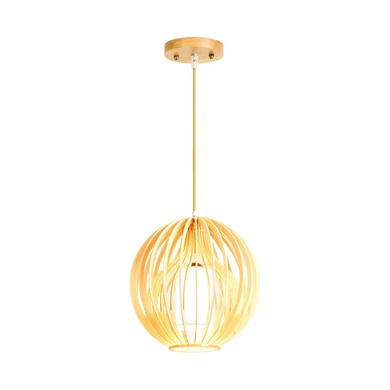 Azië-stijl 2-laags kooihanger houten eetkamerplafondlamp met 1 kop beige met stoffen kap aan de binnenkant Clearhalo
