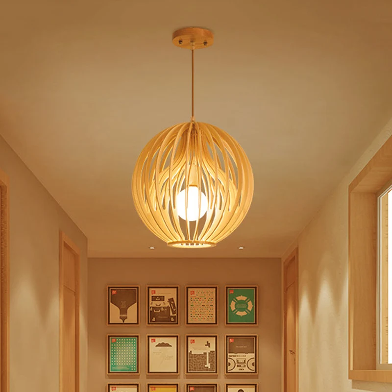 Azië-stijl 2-laags kooihanger houten eetkamerplafondlamp met 1 kop beige met stoffen kap aan de binnenkant Clearhalo