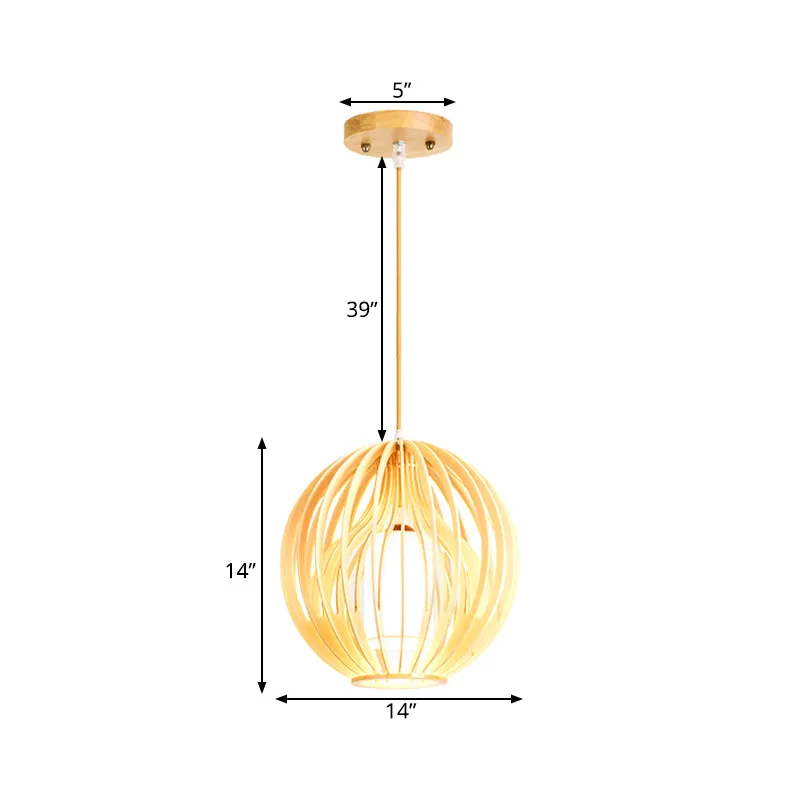 Azië-stijl 2-laags kooihanger houten eetkamerplafondlamp met 1 kop beige met stoffen kap aan de binnenkant Clearhalo