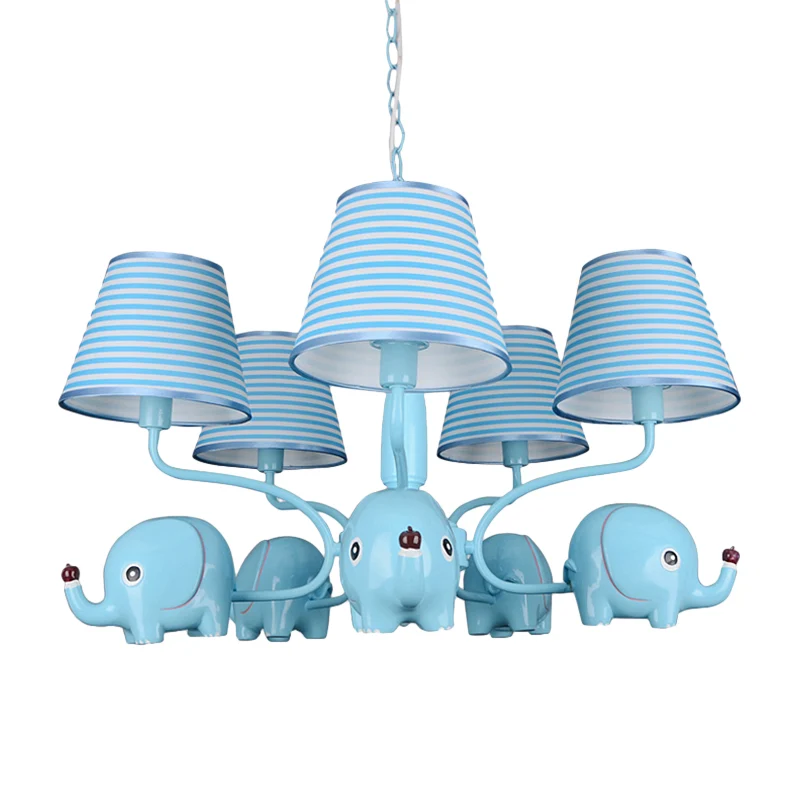 Baby Olifant Plafondhanger 5 Hoofden Dierenhars Kroonluchter met Gestreepte Schaduw voor de kleuterschool Clearhalo