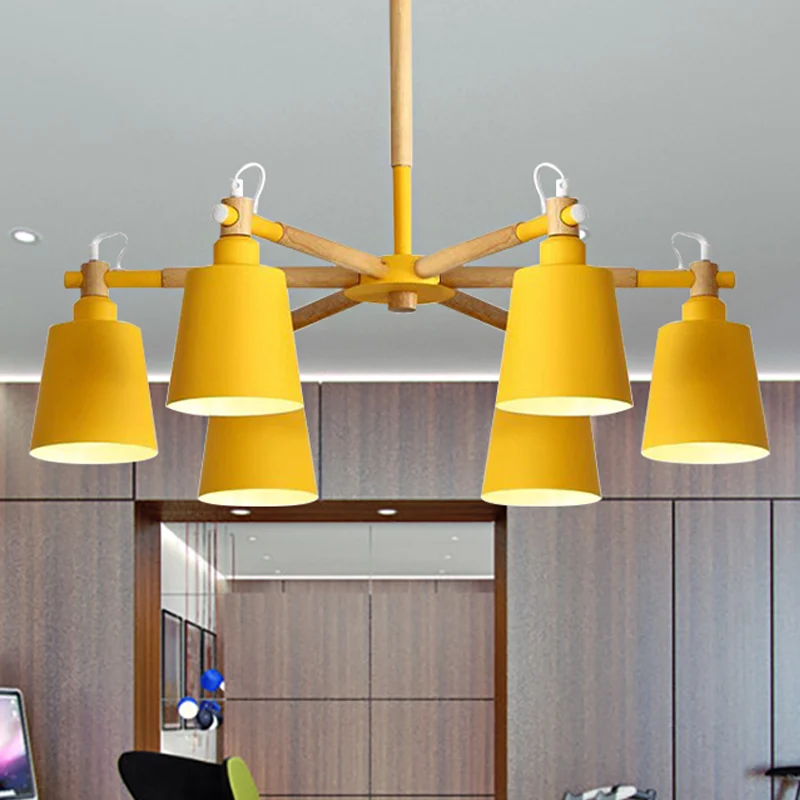 Babykamer Emmer Kroonluchter Metaal Hout 6 Lichten Macaron Loft Hanglamp Clearhalo