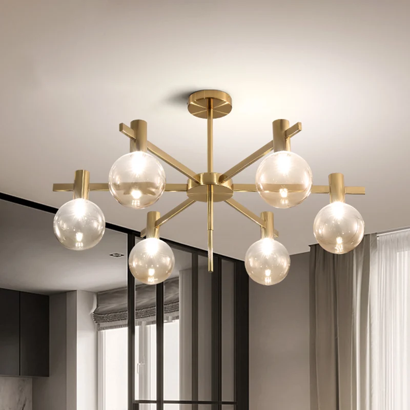 Ball LED hangkroonluchter postmodern helder glas 6-lamps messing hanglampenset met radiaal ontwerp Clearhalo