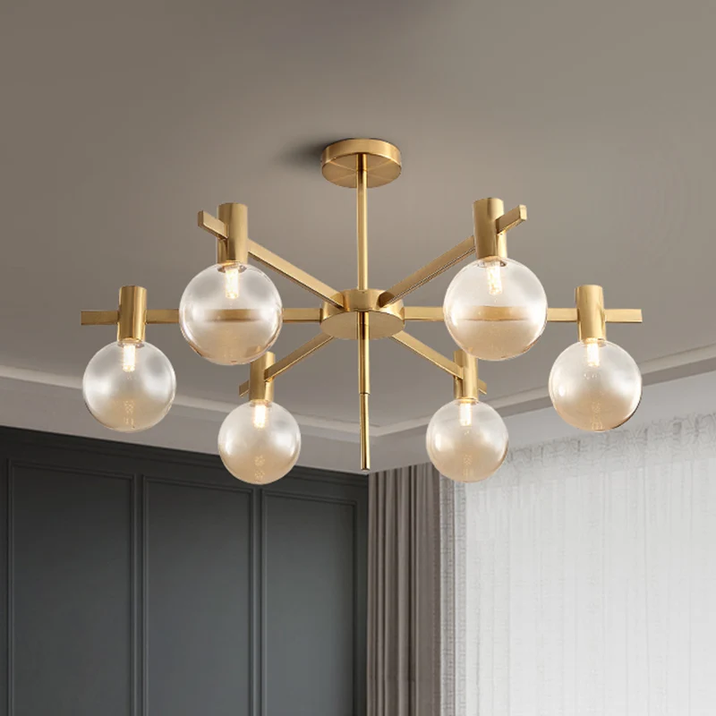 Ball LED hangkroonluchter postmodern helder glas 6-lamps messing hanglampenset met radiaal ontwerp Clearhalo