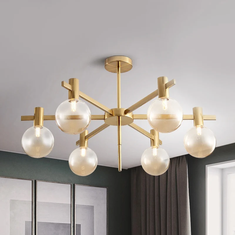 Ball LED hangkroonluchter postmodern helder glas 6-lamps messing hanglampenset met radiaal ontwerp Clearhalo